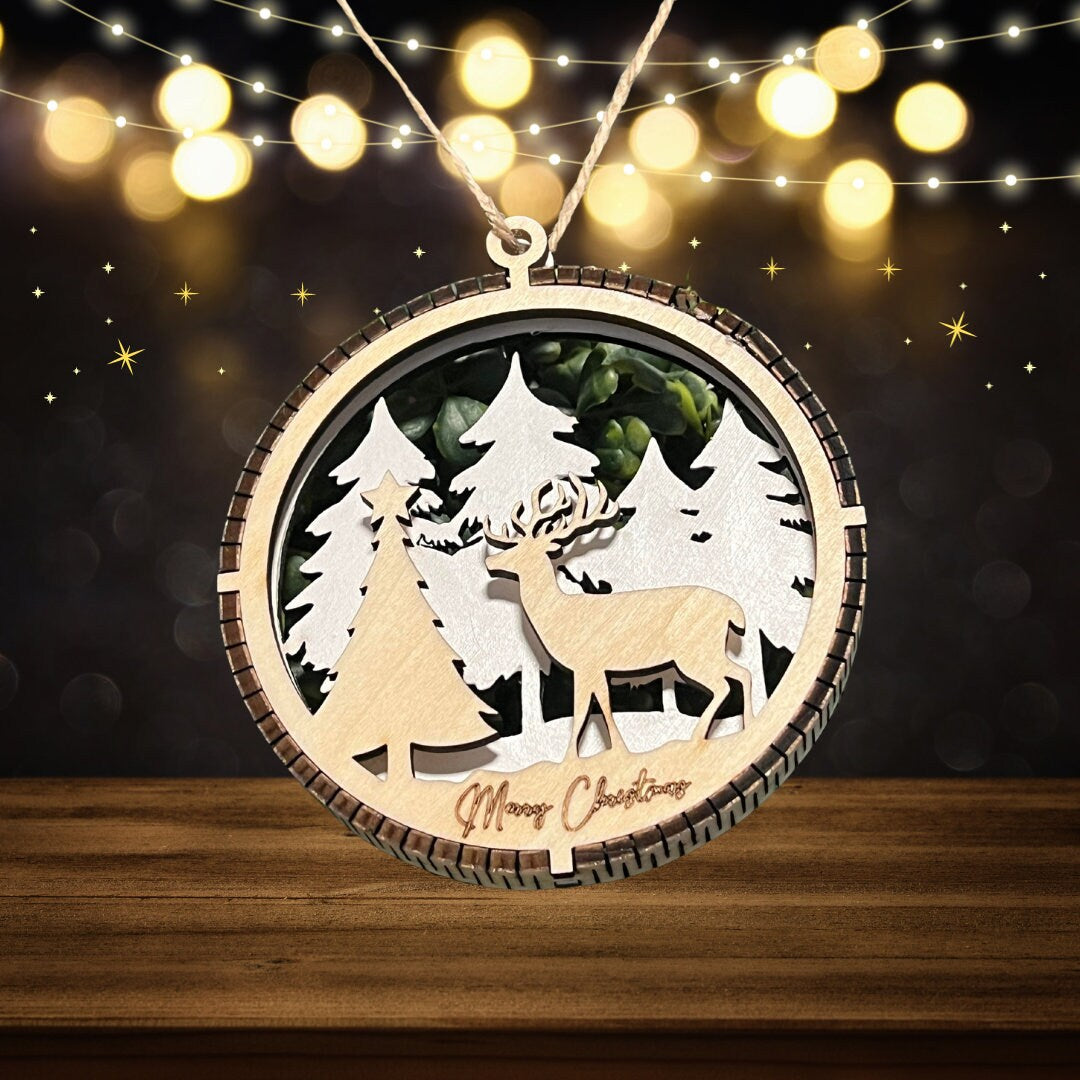 Handcrafted 2-Layered Wooden Christmas Ornament (Deer and Tree)