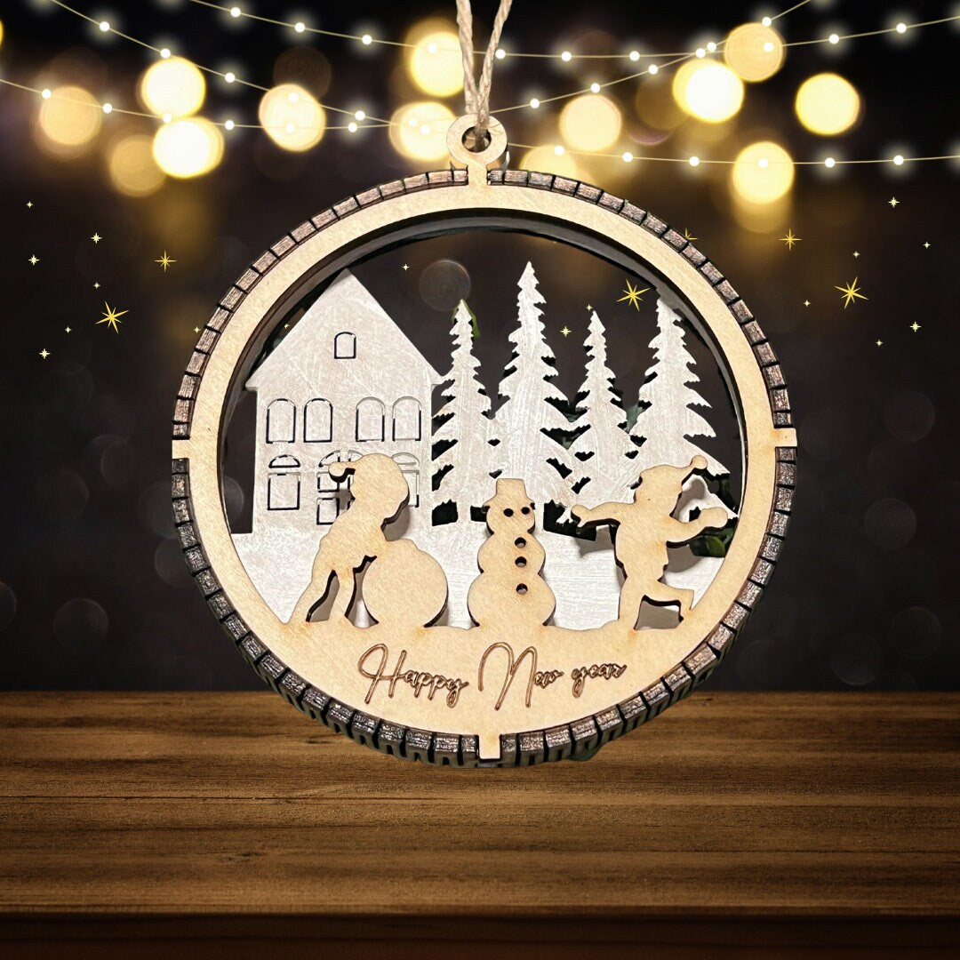 Handcrafted 2-Layered Wooden Christmas Ornament (Snowball)