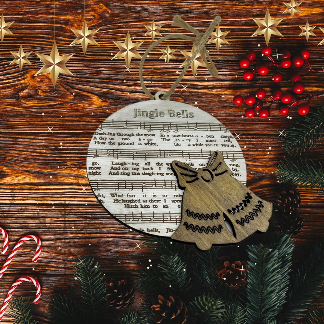 Handmade Sheet Music Wooden Ornament with Layered Accent (Jingle Bells)