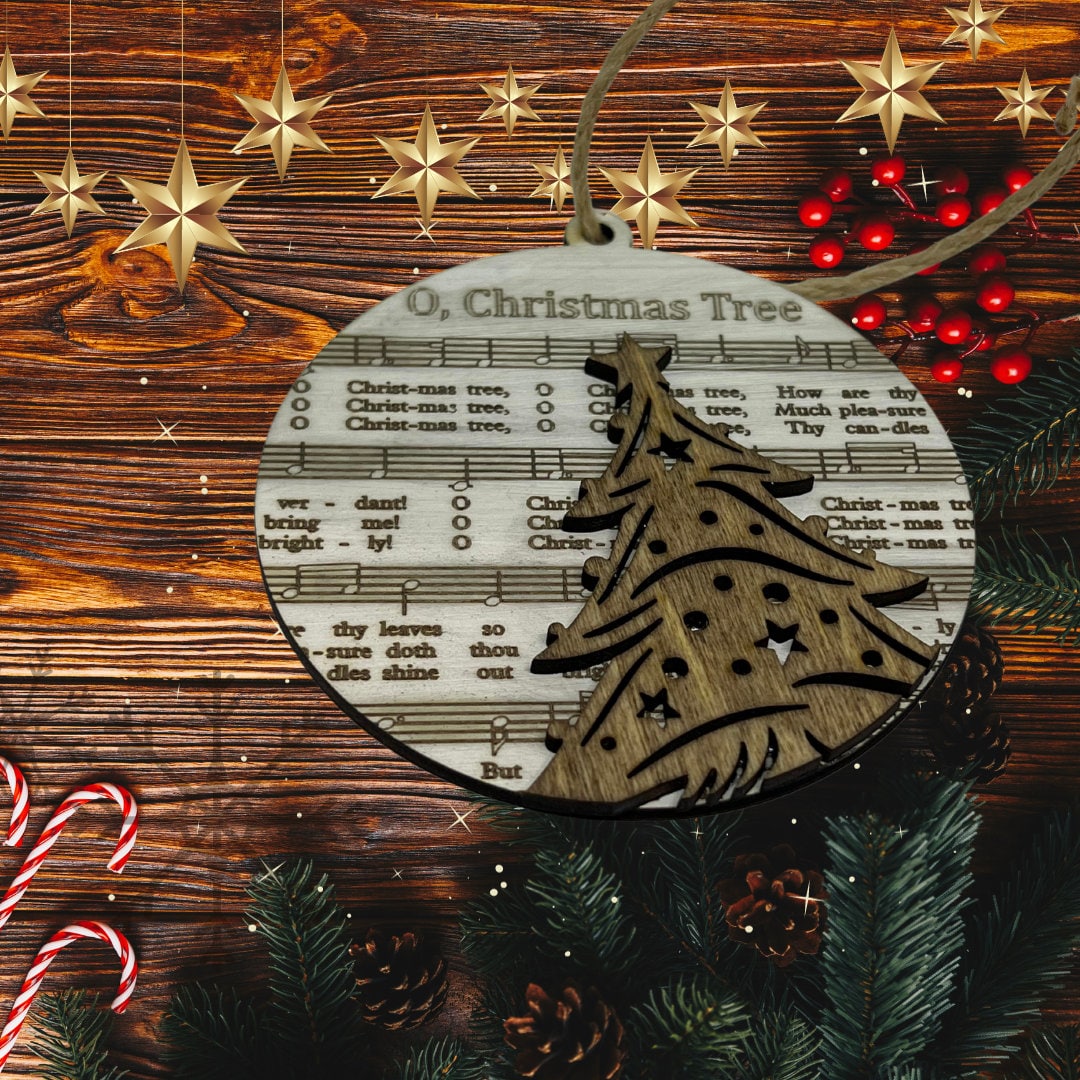 Handmade Sheet Music Wooden Ornament with Layered Accent (O Christmas Tree)