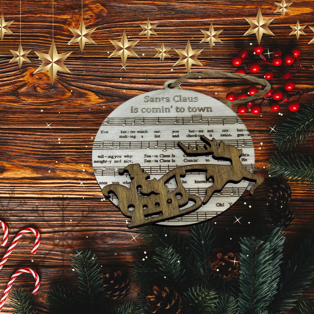 Handmade Sheet Music Wooden Ornament with Layered Accent (Coming To Town)