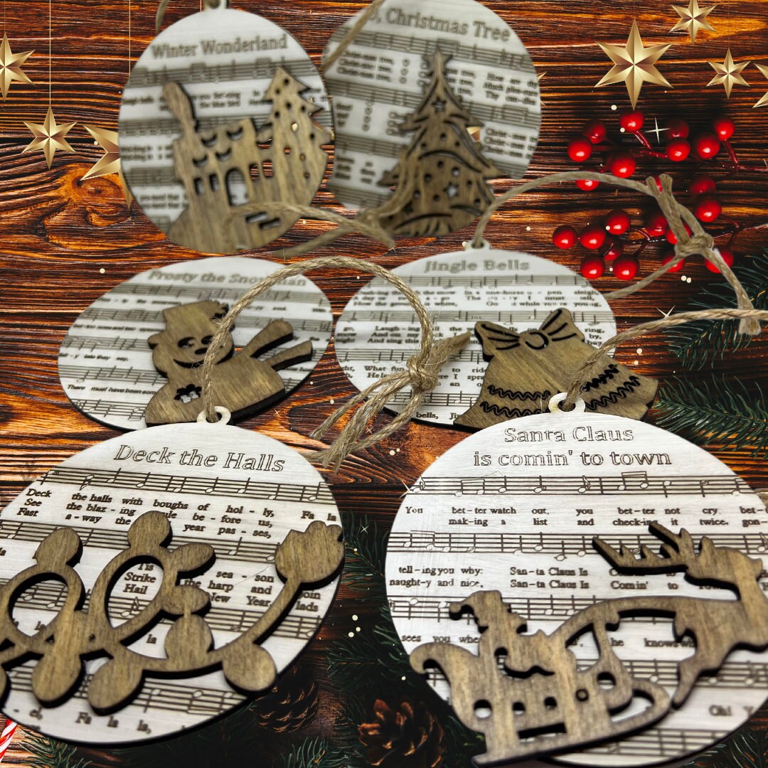 Handmade Sheet Music Wooden Ornament with Layered Accent (Musical Set)