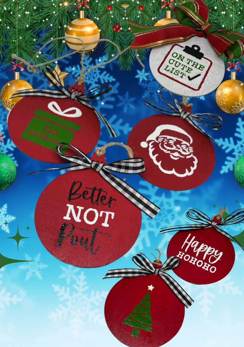 Handmade Holiday Sayings & Pictures Wooden Ornaments (Entire Set)