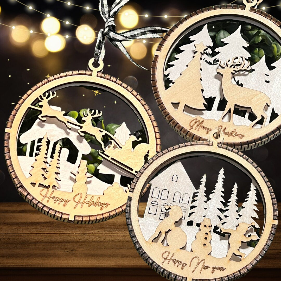 Handcrafted 2-Layered Wooden Christmas Ornament (3 Piece Set)