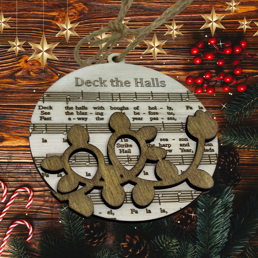 Handmade Sheet Music Wooden Ornament with Layered Accent (Deck the Halls)