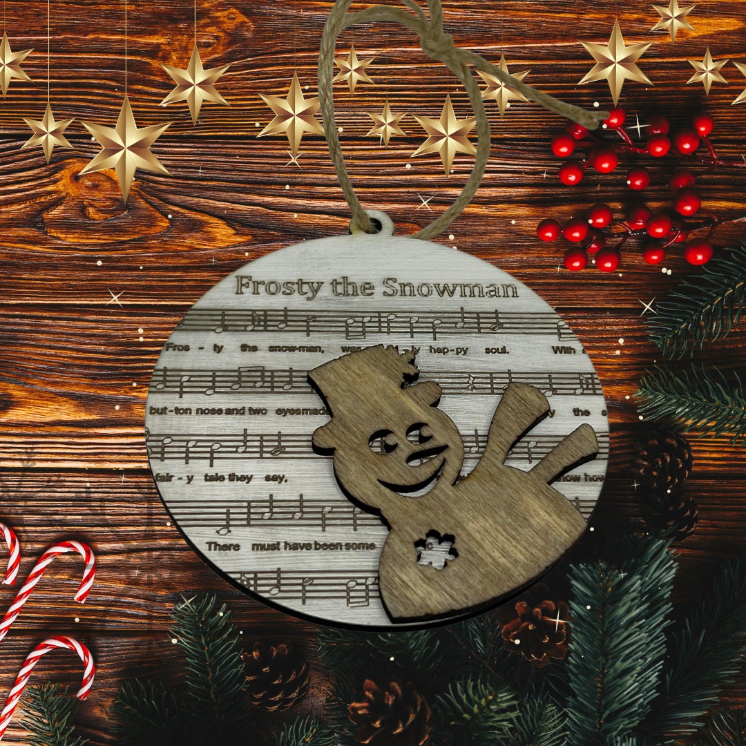 Handmade Sheet Music Wooden Ornament with Layered Accent (Frosty The Snowman)
