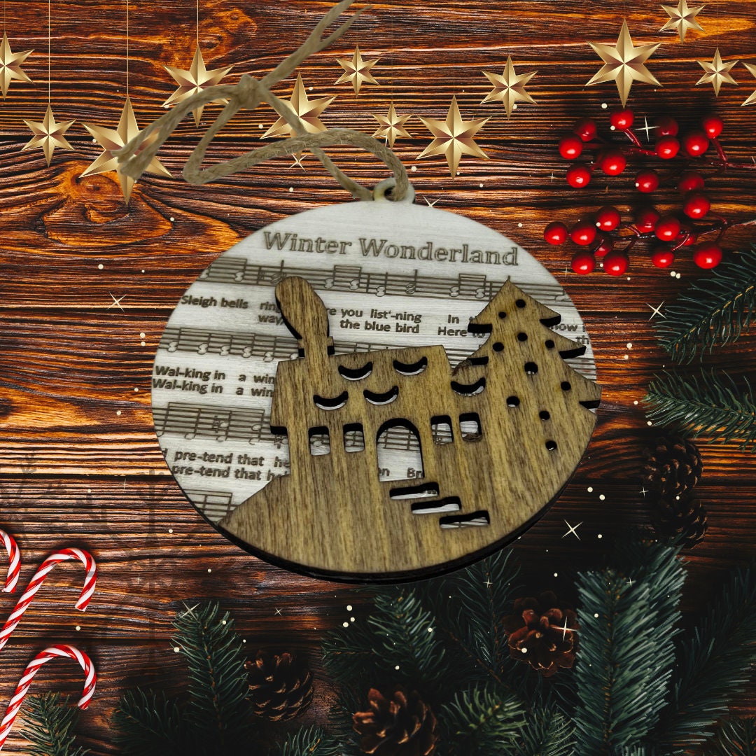 Handmade Sheet Music Wooden Ornament with Layered Accent (Winter Wonderland)