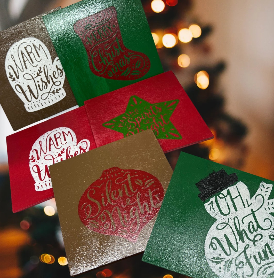 Set of Hand-Painted Holiday Squares on Premium Wood