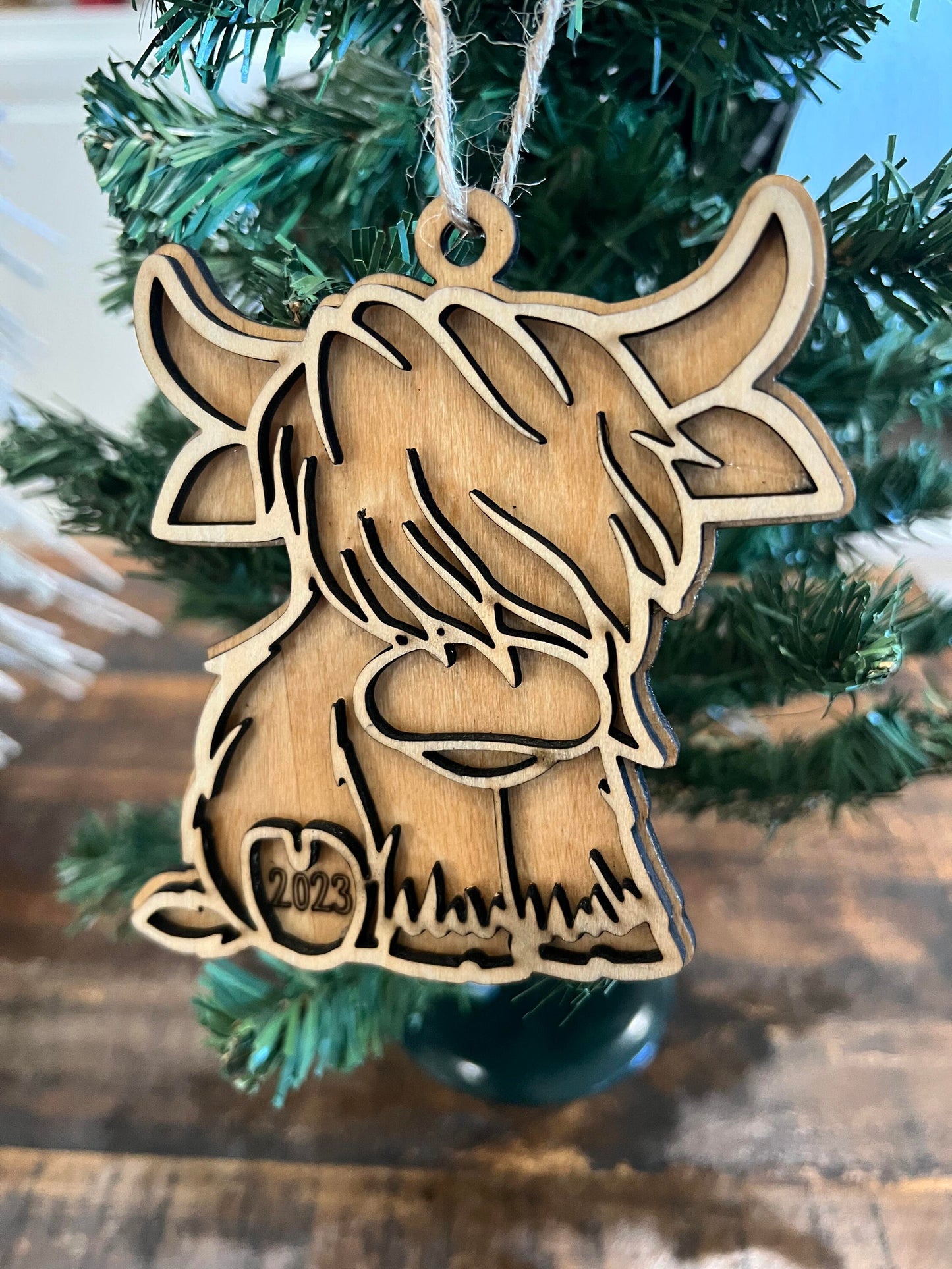 Handcrafted Premium Wooden Cow Ornament, 3.5" x 4", Stained and Layered
