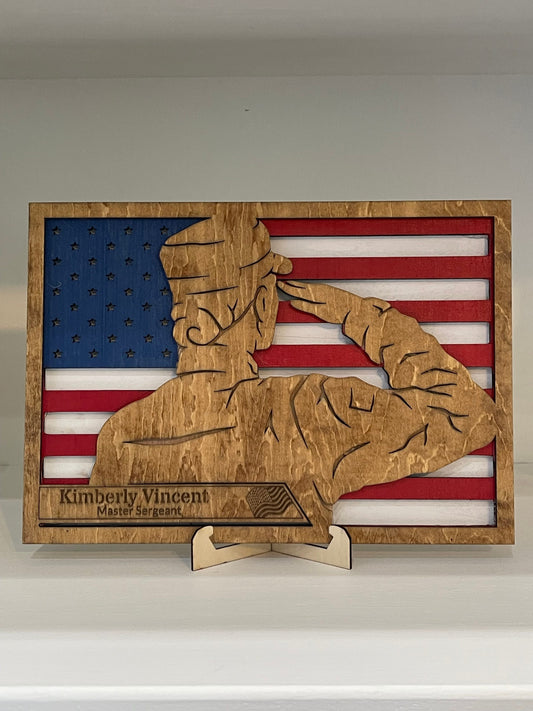 Army Military Soldier Saluting American Flag Plaque Sign