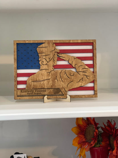 Army Military Soldier Saluting American Flag Plaque Sign