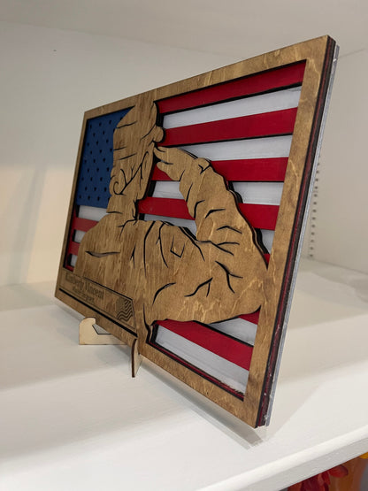 Army Military Soldier Saluting American Flag Plaque Sign